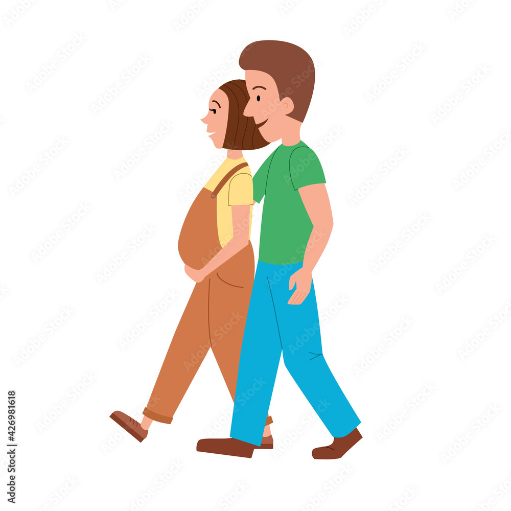 a pregnant woman walks with her husband. Happy couple side view. a pregnant woman walks with her husband. Happy couple side view.