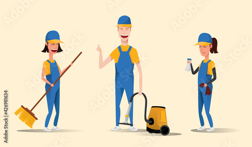 Cleaning service staff smiling cartoon characters isolated on yellow background. Men and women dressed in uniform vector illustration in a flat style