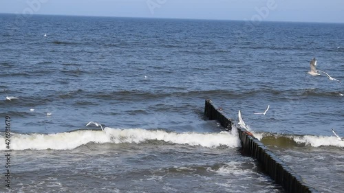 Sea waves crash against the breakwater.