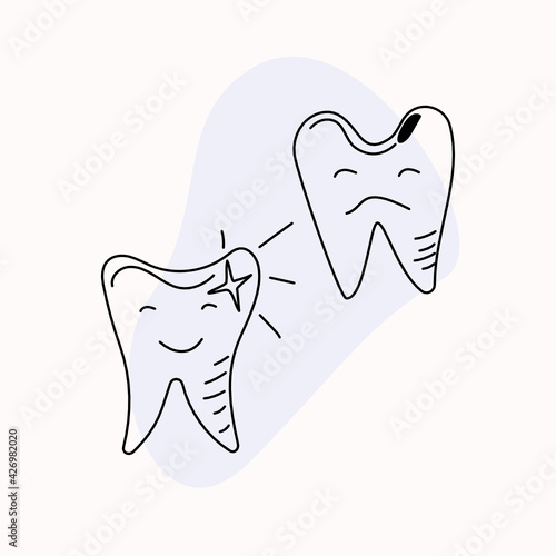 The teeth are sick and healthy. Doodle style. Vector graphics isolated background.