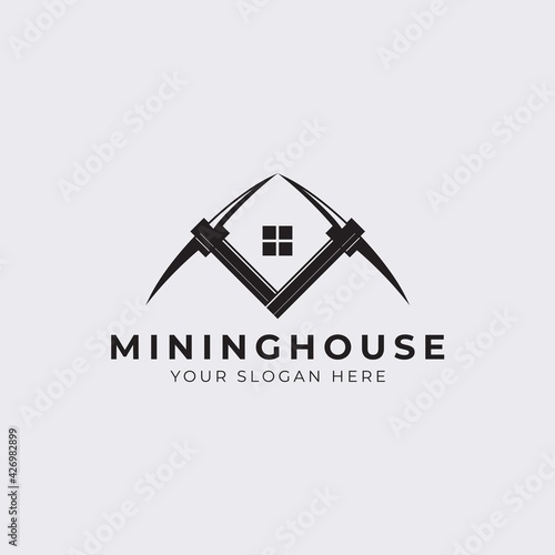 Mining House With Pickaxe Logo Vector Design Illustration Vintage, Gold Mine House, Digger Home Concept