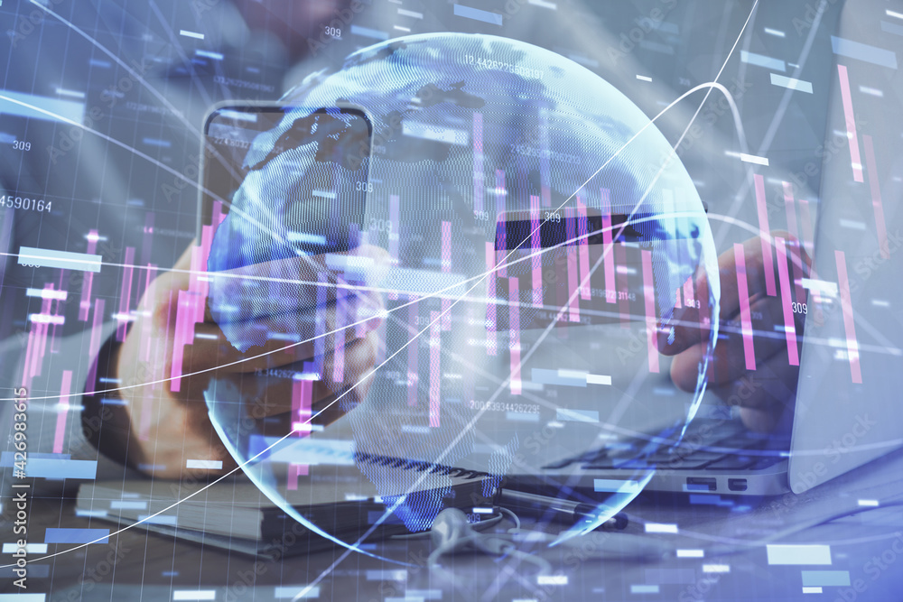 Double exposure of man hands holding a credit card and Forex graph drawing. Stock trading and digital fintech in Internet E-commerce concept. Double exposure of man hands holding a credit card and Forex graph drawing. Stock trading and digital fintech in Internet E-commerce concept.