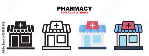 Pharmacy icon set with different styles. Icons designed in filled, outline, flat, glyph and line colored. Editable stroke and pixel perfect. Can be used for web, mobile, ui and more.
