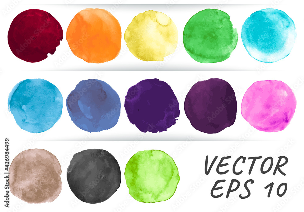 Watercolor Circle Vector. Abstract Rounds Elements. Colorful Blots Set. Brush Stroke Watercolor Circle Vector. Isolated Acrylic Dots on Paper. Spots Drawing. Watercolor Circle Vector.
