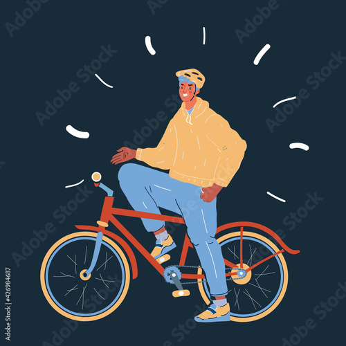 Illustration of cyclist, young man with helmet and riding bicycle on dark
