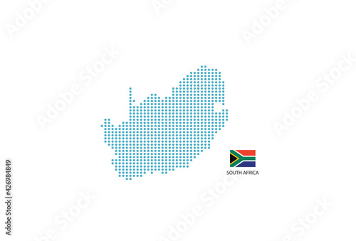 South Africa map design blue circle, white background with South Africa flag.