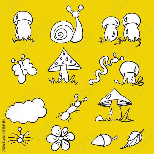 forest fruits, forest dwellers, mushrooms, white mushrooms, russula mushrooms,toadstools, chanterelles, worms, snails, butterflies, grass, ants, print for printing on a backpack, print for printing on
