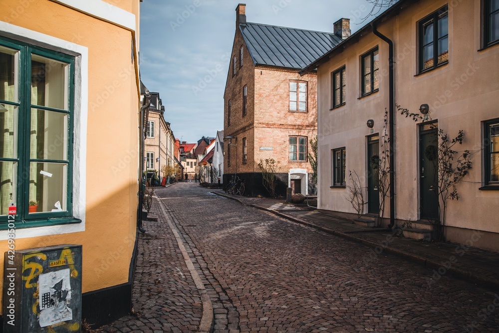 View down the cobblestone streets in Lund, Sweden