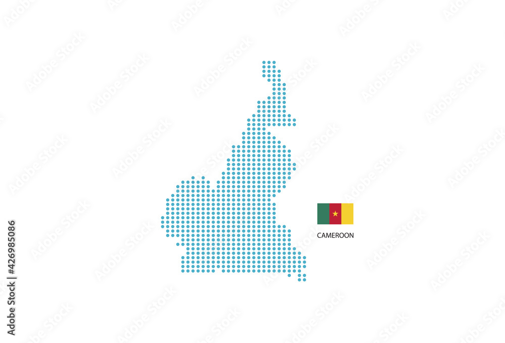 Cameroon map design blue circle, white background with Cameroon flag.
