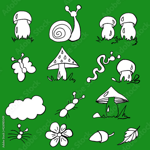 forest fruits, forest dwellers, mushrooms, white mushrooms, russula mushrooms,toadstools, chanterelles, worms, snails, butterflies, grass, ants, print for printing on a backpack, print for printing on