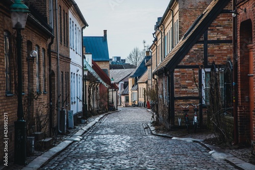 View down the cobblestone streets in Lund  Sweden
