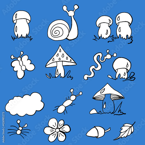 forest fruits, forest dwellers, mushrooms, white mushrooms, russula mushrooms,toadstools, chanterelles, worms, snails, butterflies, grass, ants, print for printing on a backpack, print for printing on