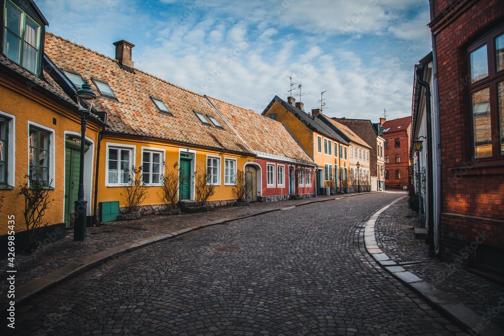 View down the cobblestone streets in Lund, Sweden View down the cobblestone streets in Lund, Sweden