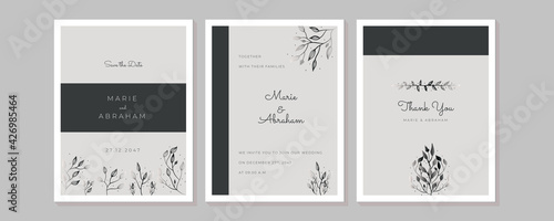 Minimalist wedding invitation card template design, floral black line art ink drawing with square frame on light grey