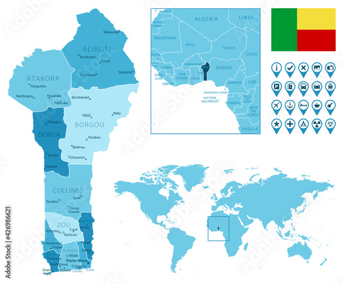 Benin detailed administrative blue map with country flag and location on the world map.