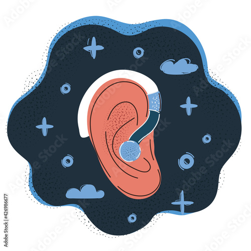 Illustration of Behind-the-ear hearing aid Ear wearing deaf-aid. Deaf problem or hearing loss.