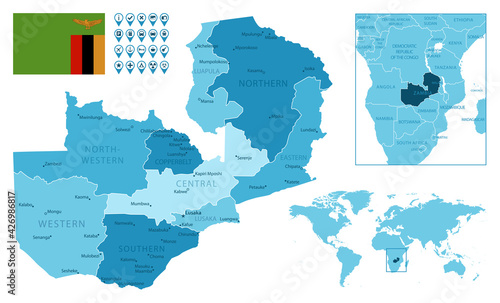 Zambia detailed administrative blue map with country flag and location on the world map. photo