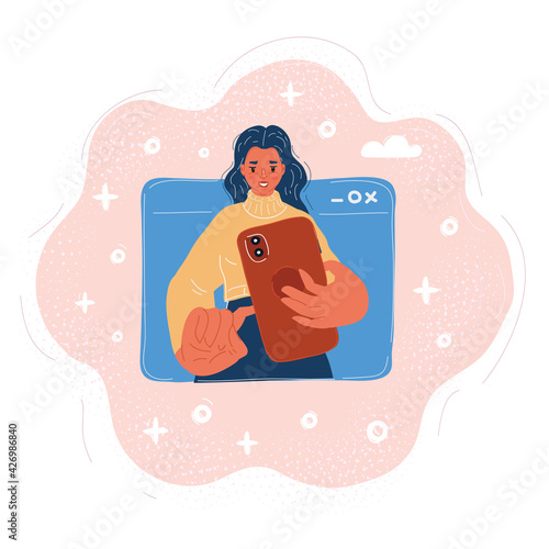 Illustration of Concept of on-line video chat app, internet talk, call technology. Video player window with speaking woman and messages.