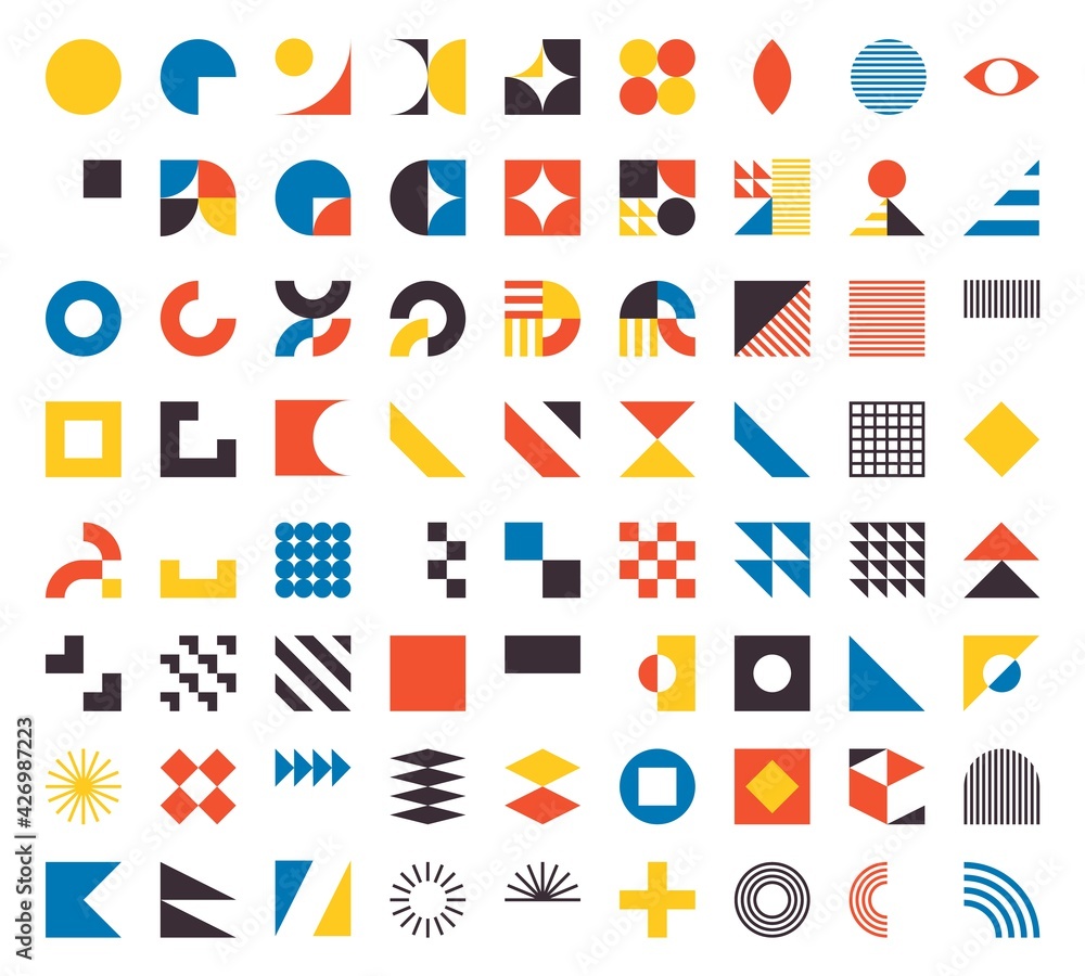 Bauhaus elements. Modern geometric abstract shapes in minimal style. Brutalism basic forms, lines, eye, circles and patterns, art vector set Bauhaus elements. Modern geometric abstract shapes in minimal style. Brutalism basic forms, lines, eye, circles and patterns, art vector set