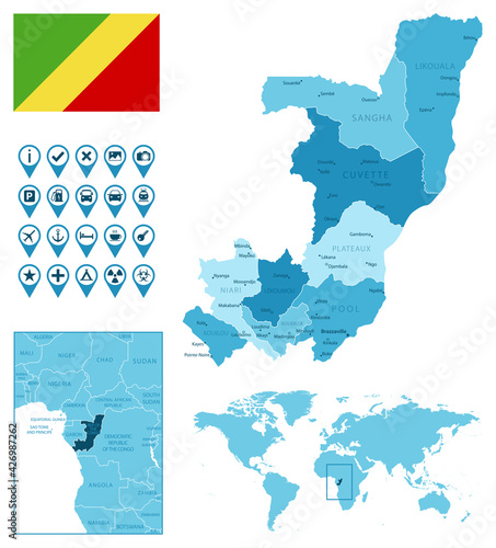 Republic of the Congo detailed administrative blue map with country flag and location on the world map. Vector illustration