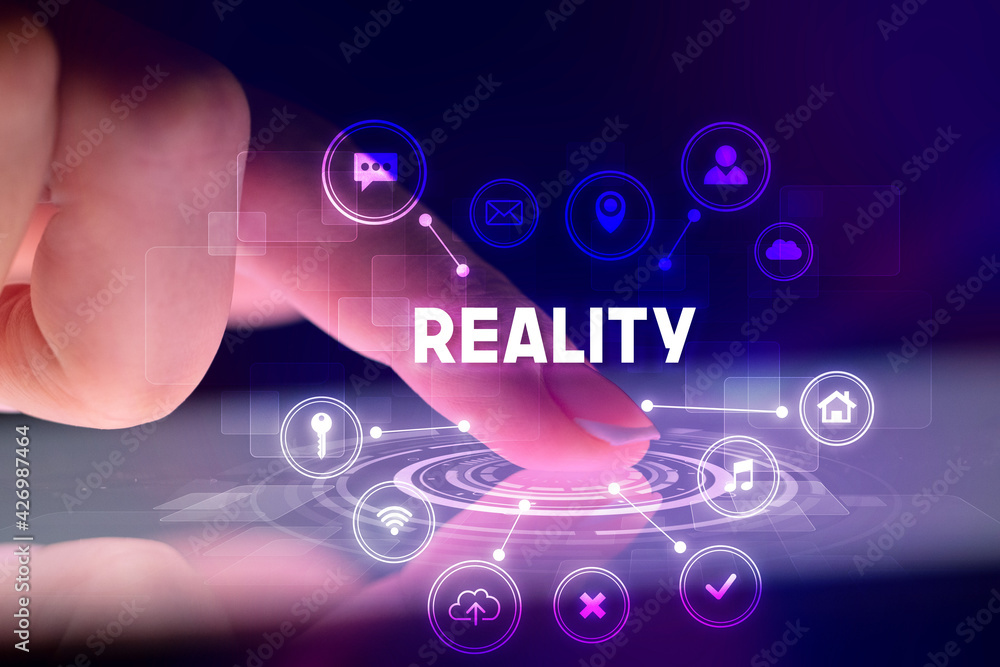 Finger touching tablet with web technology icons concept Finger touching tablet with web technology icons concept