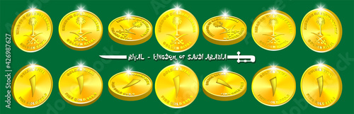 3d set of volumetric coins with ribbed edge. Golden riyal with the coat of arms of the Kingdom of Saudi Arabia. Obverse and reverse, bright radiant highlights. Green background