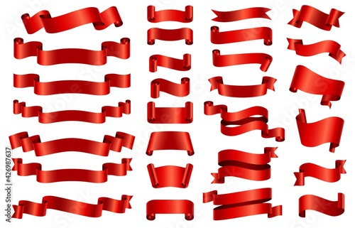 Red silk ribbon banners. 3d curved and spiral glossy ribbons for congratulation, opening, gift or festive. Satin decorative band vector set