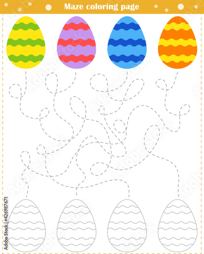  Logic game for children. Go through the maze and paint the eggs according to the pattern