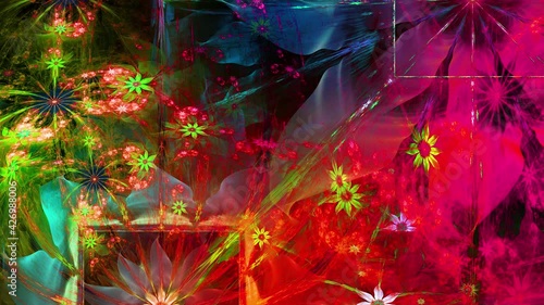 Rainbow color changing abstract fractal background with intricate interconnected psychedelic space flowers