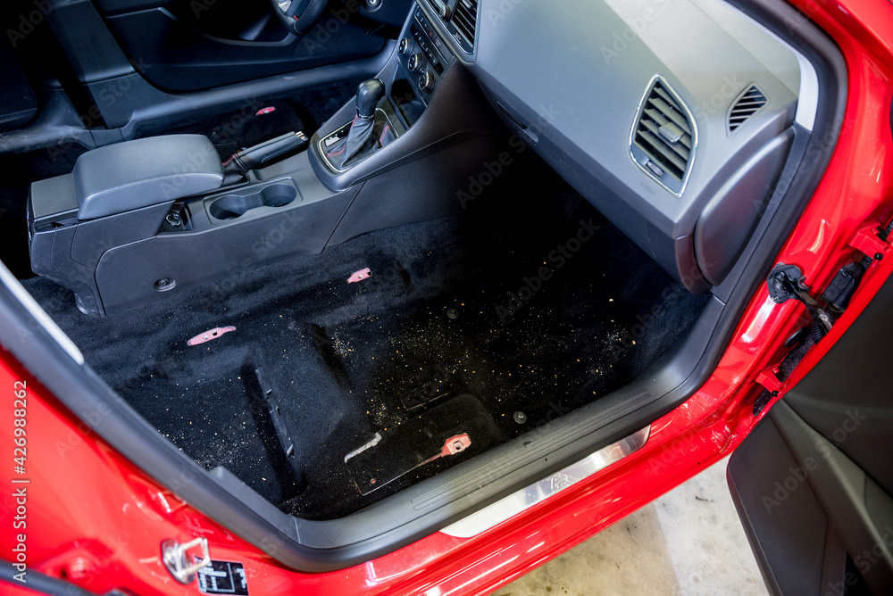 Disassembled car for deep dry cleaning of the interior. Disassembled car for deep dry cleaning of the interior.