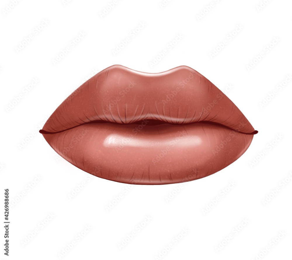 Female lips close up. Beautiful natural lips. Plump glossy young woman lips. Hand drawn illustration isolated on white background. Female lips close up. Beautiful natural lips. Plump glossy young woman lips. Hand drawn illustration isolated on white background.