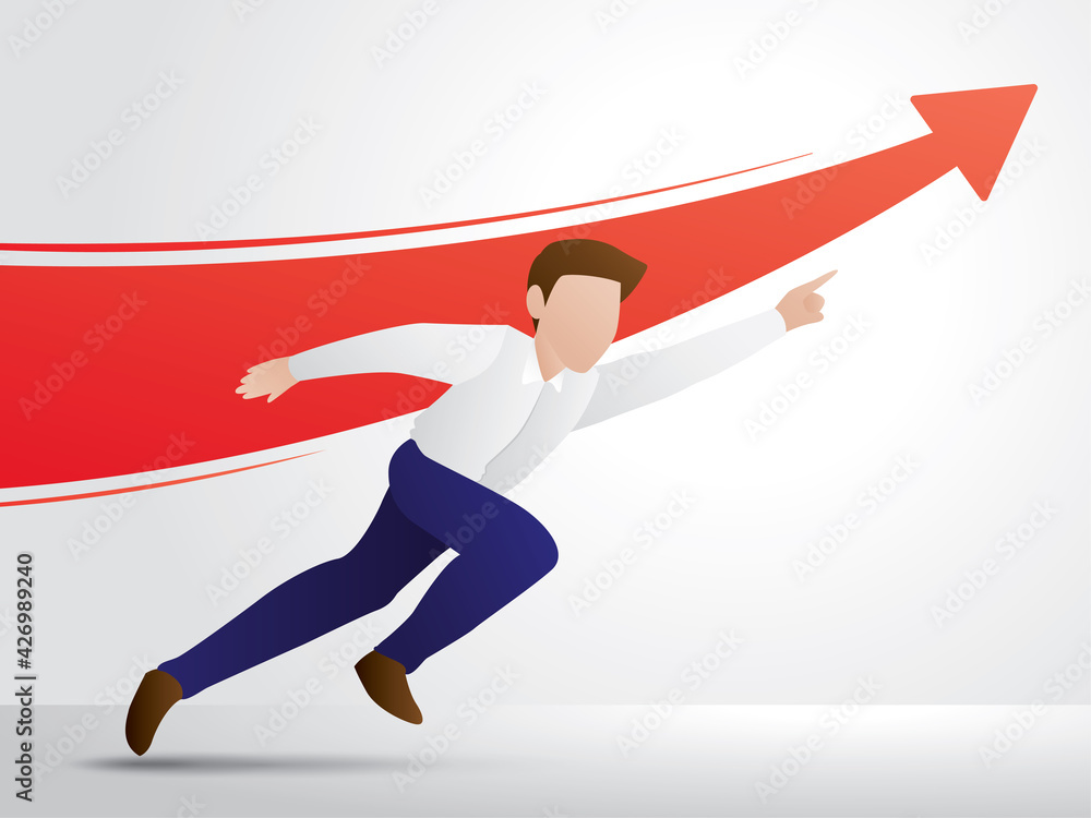 Illustration of a man who runs after an arrow that is soaring forward. Illustration of a man who runs after an arrow that is soaring forward.