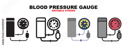 Blood Pressure Gauge icon set with different styles. Icons designed in filled, outline, flat, glyph and line colored. Editable stroke and pixel perfect. Can be used for web, mobile, ui and more.