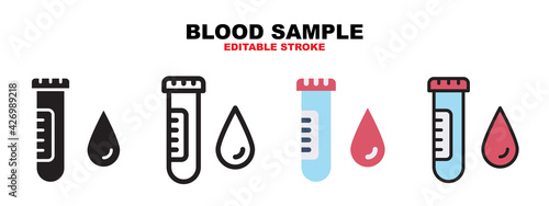 Blood Sample icon set with different styles. Icons designed in filled, outline, flat, glyph and line colored. Editable stroke and pixel perfect. Can be used for web, mobile, ui and more.