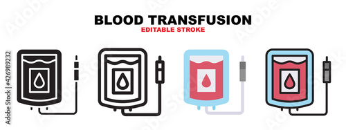 Blood Transfusion icon set with different styles. Icons designed in filled, outline, flat, glyph and line colored. Editable stroke and pixel perfect. Can be used for web, mobile, ui and more.