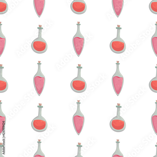 Witch seamless pattern with two kind of potion bottles with red and pink poison