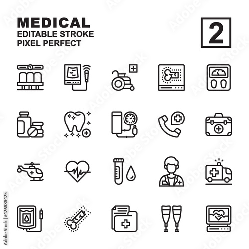 Icon set Medical made with outline black technique, contains a USG, electrocardiogram, dentist, wheel chair, doctor, and more. You can be used for web, mobile and ui. Editable stroke and pixel perfect