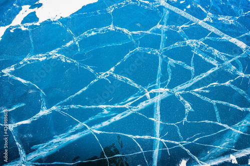 Numerous cracks in the ice of Lake Baikal