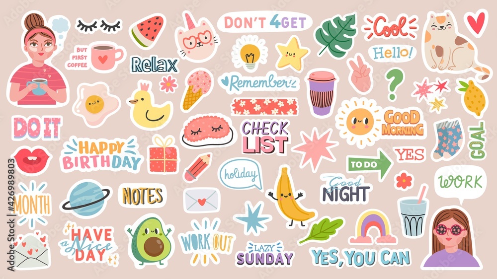 Diary stickers. Words, characters and quotes for planner journal. Trendy notebook decor with girls, food and cats. Daily reminder vector set Diary stickers. Words, characters and quotes for planner journal. Trendy notebook decor with girls, food and cats. Daily reminder vector set