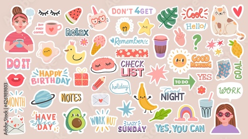 Diary stickers. Words, characters and quotes for planner journal. Trendy notebook decor with girls, food and cats. Daily reminder vector set