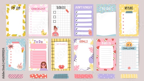 Planner list notes. Weekly to do lists and daily schedule with stickers and cute patterns. Checklist for goals and plans template vector set