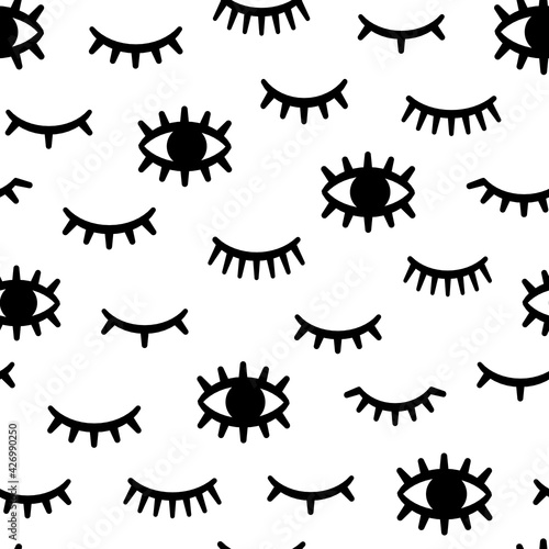 Seamless eyelash pattern. Print with winking, closed and open female eye with long lashes. Woman makeup. Fashion monochrome vector texture