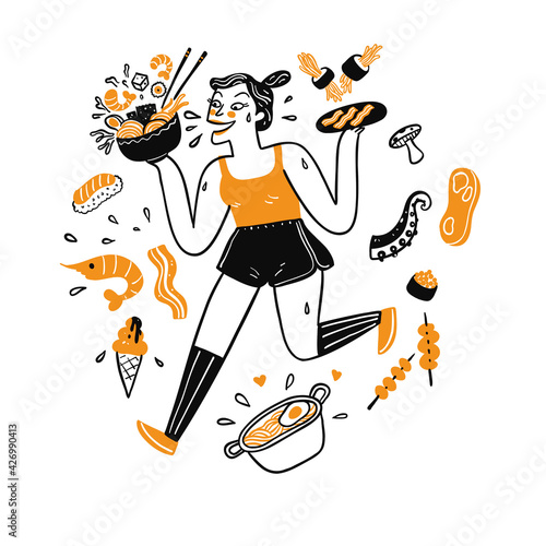 Pretty woman running her hand holding food