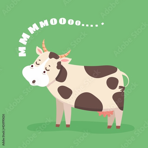 Cartoon cow. Happy farm cattle on grass field. Cute cow goes moo. Milk and dairy product funny animal mascot character or logo vector design