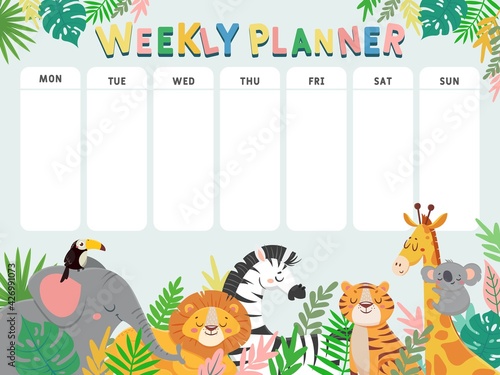 Weekly planner for kid. Child schedule for week with tropical jungle animals and plants. Calendar for elementary school student vector table