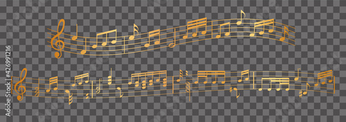vector sheet music - gold musical notes melody on transparent background