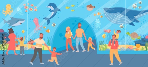 Family in oceanarium. Parents and kids look at big glass aquarium with ocean fish and sea animals. Underwater zoo excursion vector concept