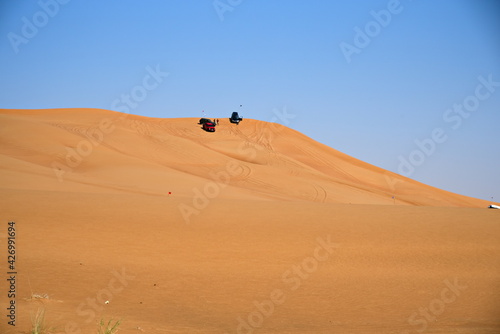 Dubai, United Arab Emirates – April 9, 2021, Mitsubishi Pajero, early morning off-roading and dune bashing around Al Madam Desert with UAE Off roaders, one of best attractions in UAE © hossein1351
