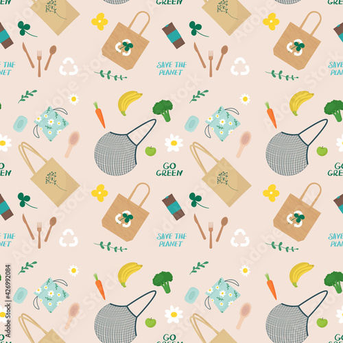 Zero waste concept. Seamless pattern with eco product and natures element. Vector isolated illustration