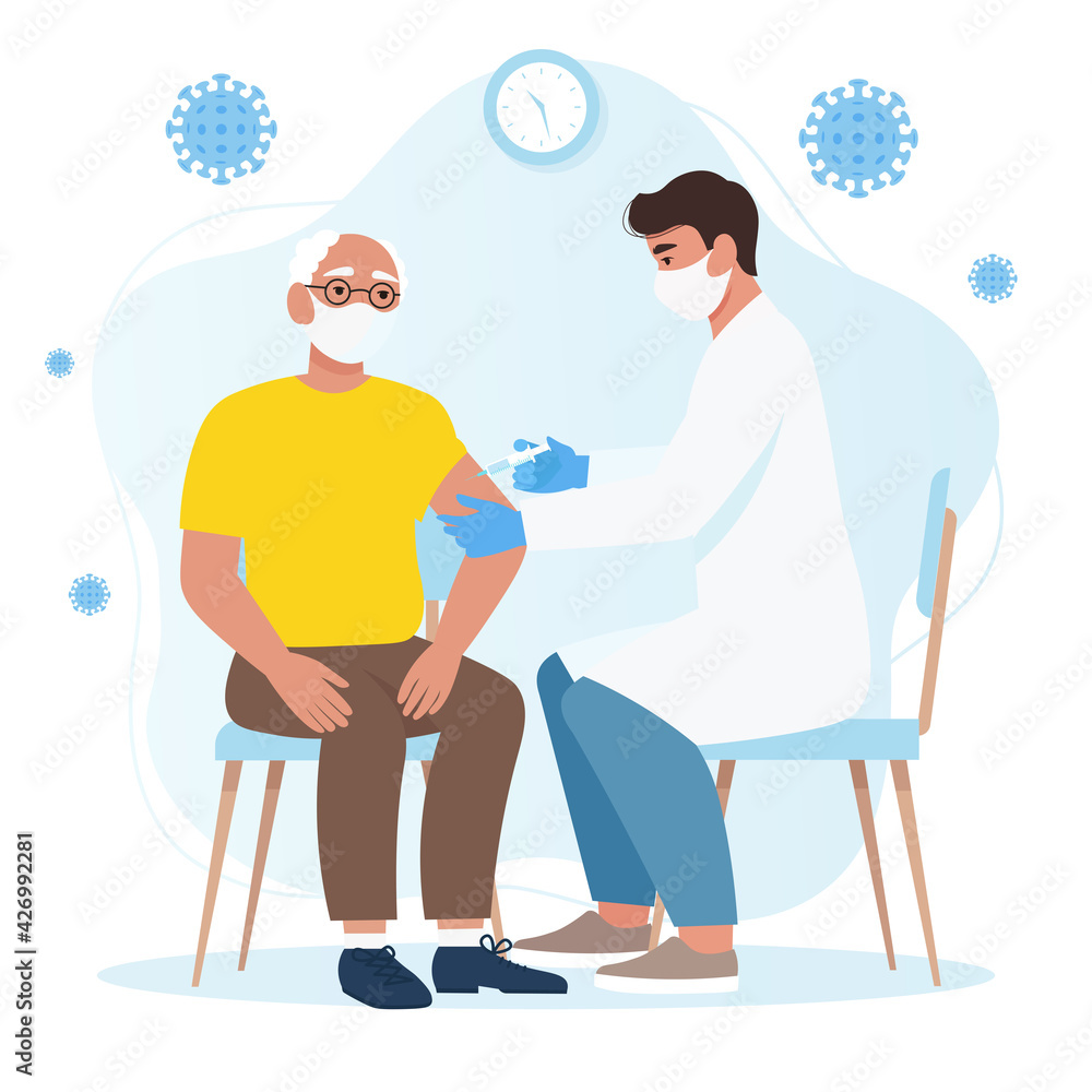 Fototapeta premium A doctor making a coronavirus vaccine to an elderly man, for immunity health. Stop pandemic Covid-19. Flat vector illustration, isolated on white background